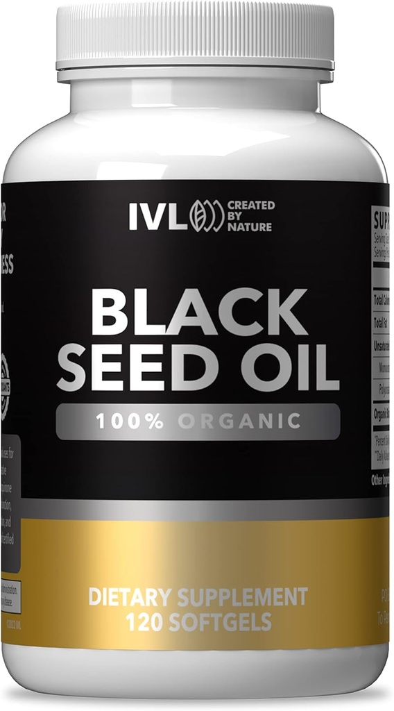IVL - Organic Black Seed Oil - 120 Softgel Kapsle - (1000mg na Serving) - Čistá studená lisovaná Nigella Sativa Seed Oil - Omega 3 6 9, Antioxidanty, Thymoquinon - Černé semeno Kapsle tekuté