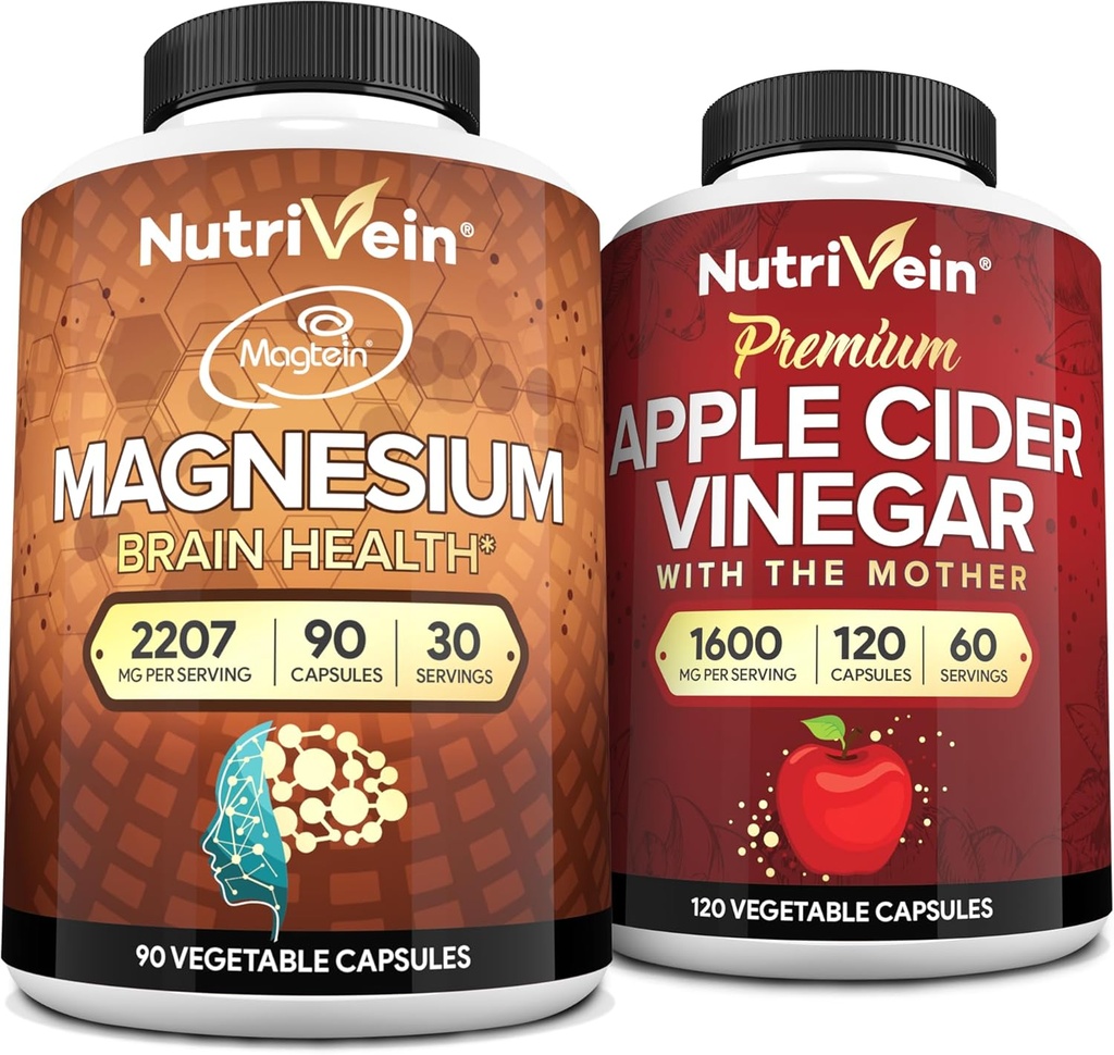 Nutrivein Premium Apple Cider Vinegar 캡슐 및 마그네슘 L-Threonate 번들 : 높은 흡수 마그네슘 Threonate Supplement 및 Apple Cider Vinegar는 두뇌, Gut, & 전반적인 Well-Being 보충제를 보충합니다.