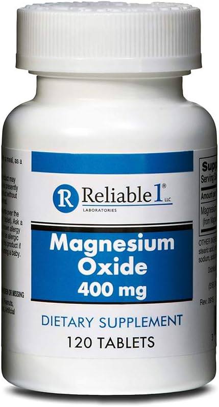 Magnesium Oxid 400mg Tabletter ved Pålitelig-1 Laboratories | Magnesium Supplement for kvinner og menn | Bone styrke og hjerte helse kosttilskudd | 120 Count Bottle