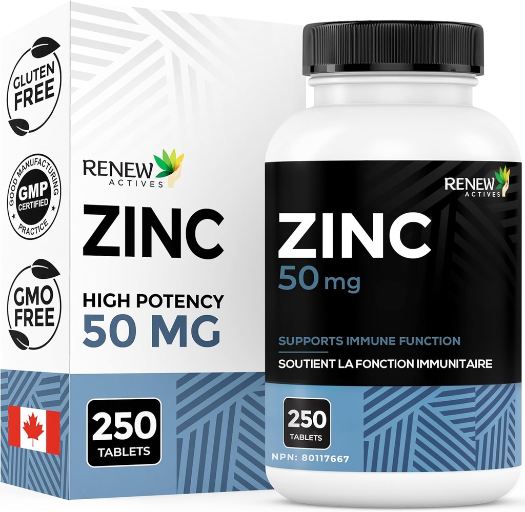 Suplemen Renew Actions Zinc 50MG per Serving - Esently for Ammune Health, Stronges & Promoting Heally Hair, Nails & Glowing Skin for Daily Use - Made in Canada - 250 Tablet