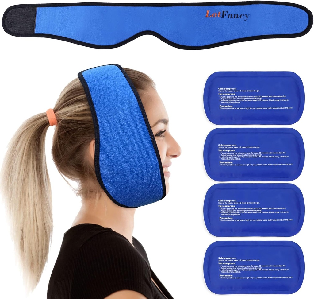 LotFancy Face Ice Pack Wrap para TMJ, dentes de sabedoría, con 4 Reusable Hot Therapy Gel Packs, alivio da dor para a cabeza, cirurxía oral e facial, implantes dentais, azul