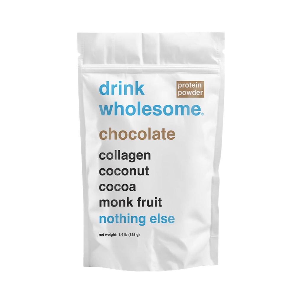 drink wholesome Chocolate Collagen Protein Powder for Sensitive Stomachs | For GERD, IBS, Lactose Intolerance | No Bloating, No Constipation, No Gas, No Reflux | Additive-Free, Dairy-Free, Gluten-Free