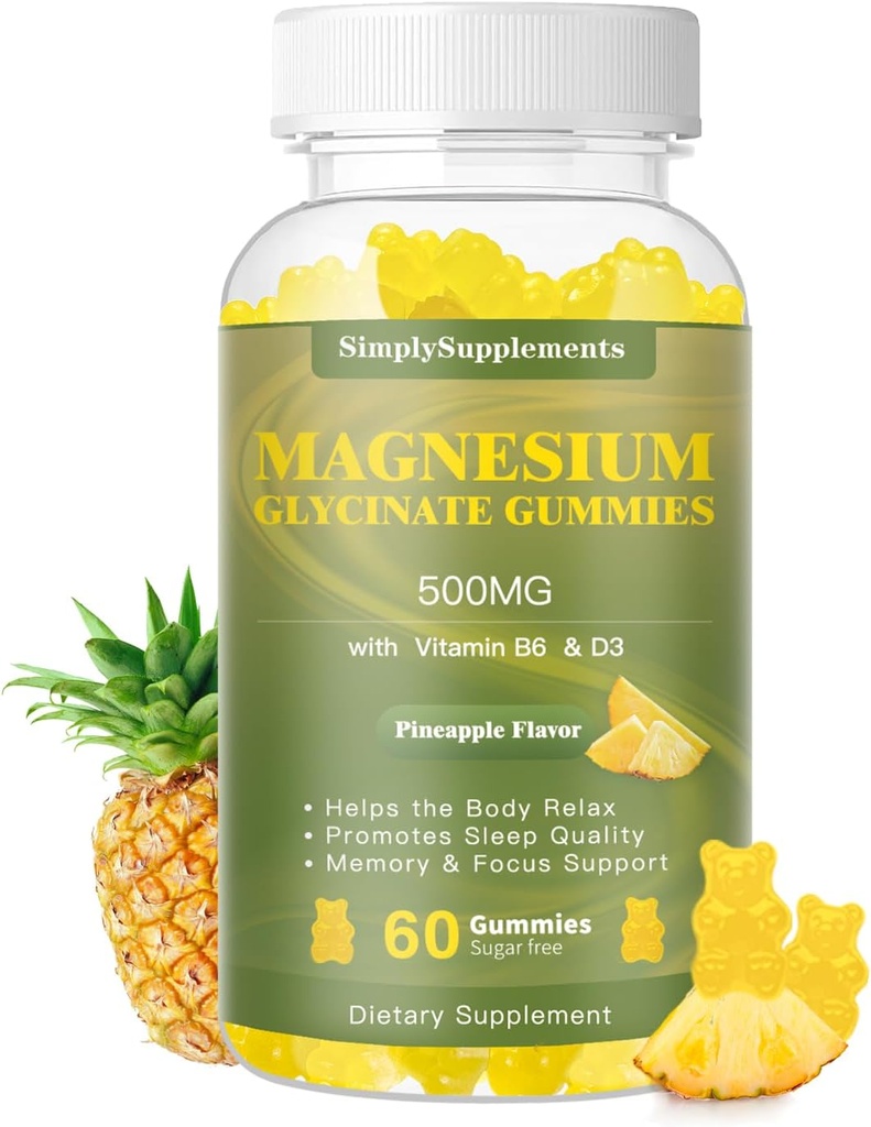 Magnézium Glycinate Gummies 500mg, Žuvacie horčík doplnok s vitamínom D3, B6, CoQ10, pre relaxáciu, spánok a podporu nálady, Pokoj Magnézium Gummy - 60 Ananás Gummy