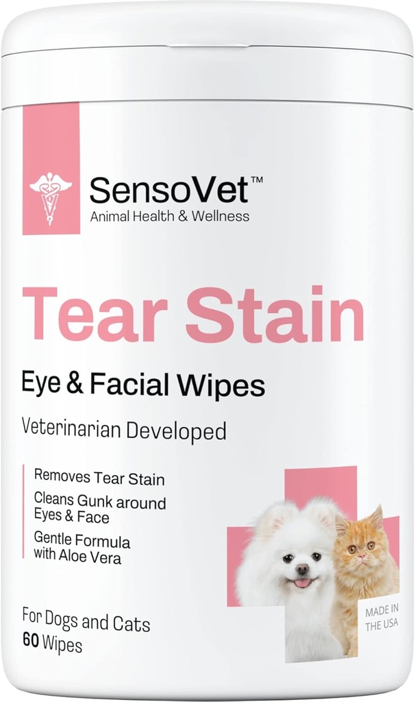 Ther Stain Remover Eye Wipes for Dogs & Cats, Cleans Eye Boogers e Gunk Discharge, Detergente facciale con Aloe Vera (Fragrance Free)