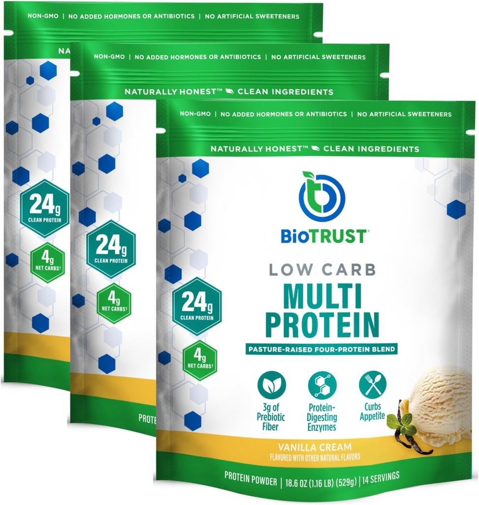 BioTrust Low Carb Protein Powder – 자연적이고 맛있는 Whey & Casein Blend from Grass-Fed Hormone Free Cows – 비 GMO, Soy Free, Gluten Free, 호르몬 무료 (Vanilla, 3-Pack)