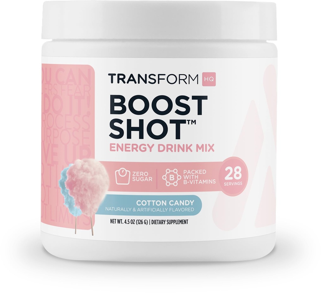 TransformHQ Energy & Focus Powder (Cotton Candy) - Boost Shot Clean Energy Drink Mix - Sugar Free - Non-GMO, Gluten-Free - 28 Servings