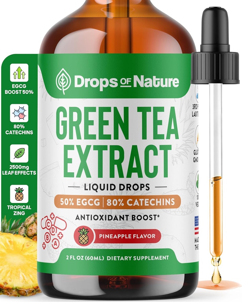 Green Tea 10:1 Extract 50% EGCG - Green Tea Liquid Drops - Vegan, 4X mais poderoso do que pílulas e cápsulas - 2oz Antioxidante e Imune Suplemento - Pele, Apoio ao Coração, Saúde do Cérebro & Memória Boost