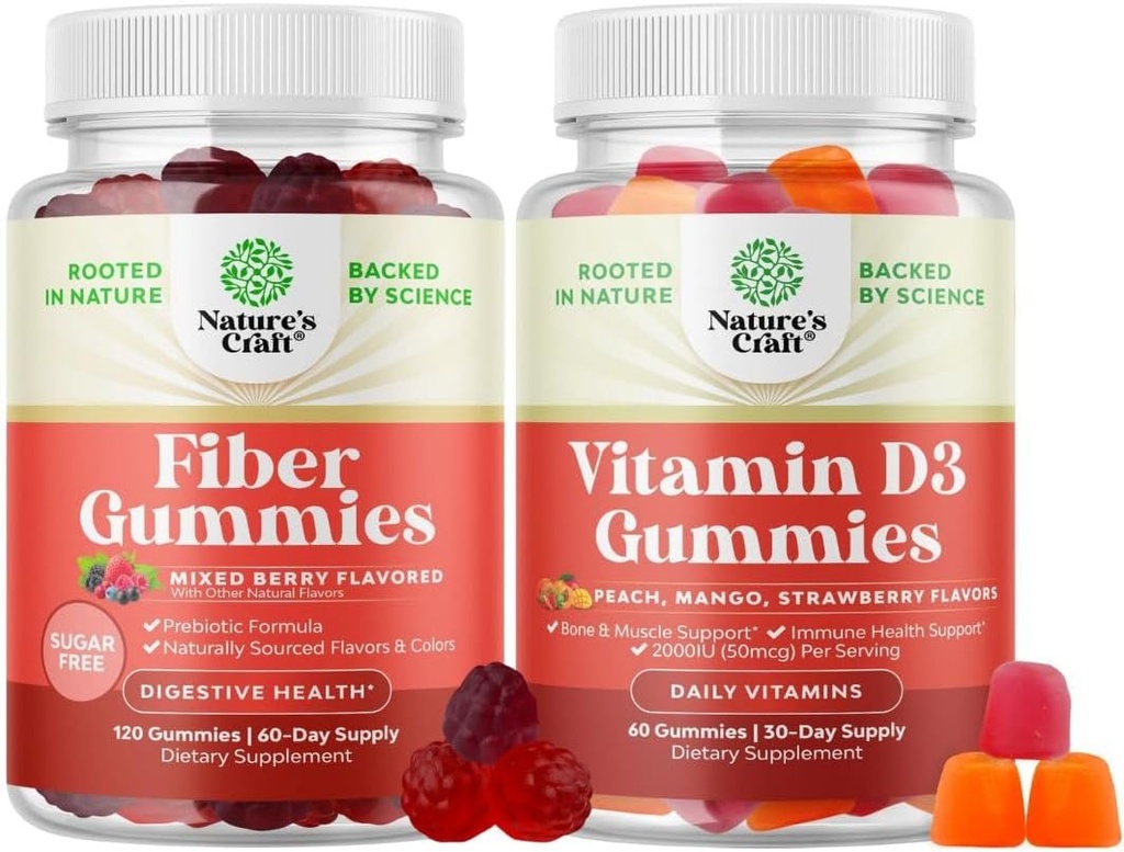 Bundle of Fiber Gummies for Adulti - Cicoare Root Supplement with Prebiotic for Gut & Digestive - Sugar Free & Vegan and Vitamine D3 Gummies with 2000UI per Serving Bone Muscle & Immune Support