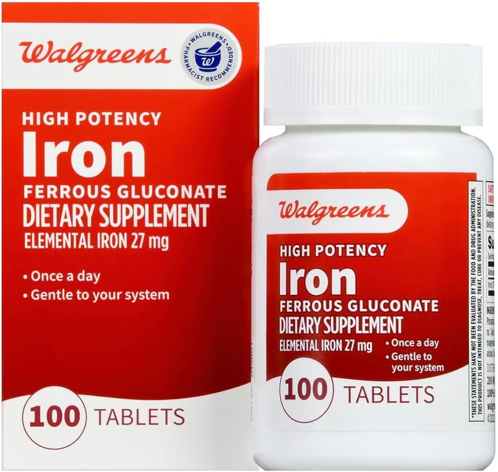 Potensi Tinggi Walgreens Besi Ferrous Gluconate 27mg, Tablet, 100 ea