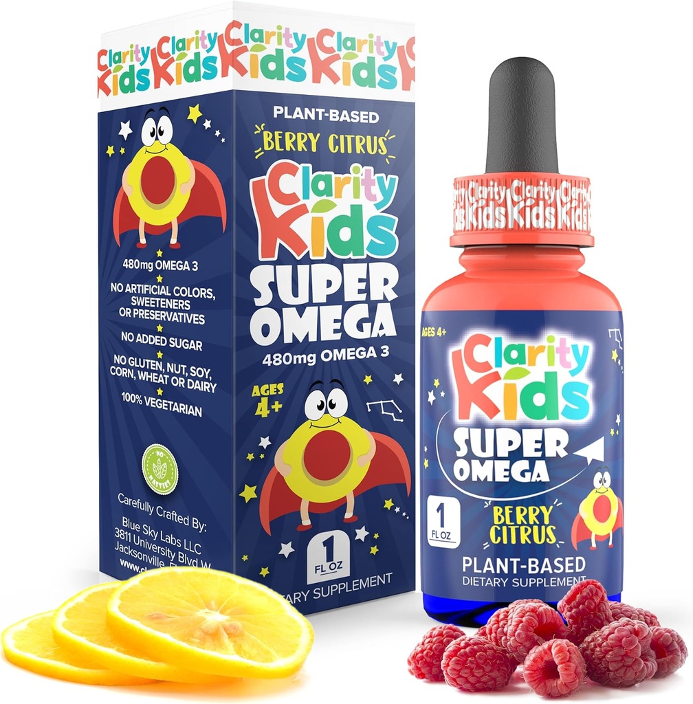 Clarity Kids Super Omega with DHA + EPA Omega 3 for Better Focus & Quality Sleep Algae Omega 3 Liquid (1 ml per Serving) All Natural DHA drops for Children USA Made Supplement (1 fl oz)