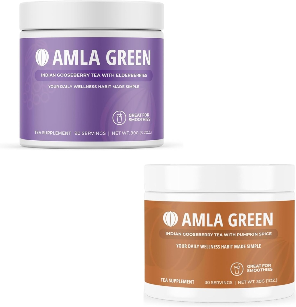 Amla Powder & Green Tea Superfood Supportion Suplement, Antioksidant Dukungan, Dibuat dengan Elderberry (90 porsi) & Labu Spice (30 porsi), Organik, Vegan