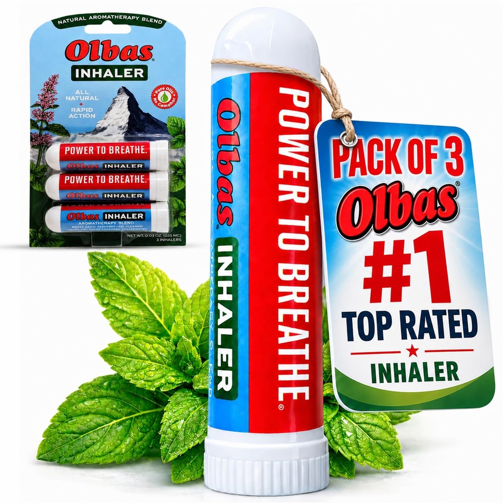 Olbas Inhaler Aromatherapy, Essential Oil Inhaler with Natural Oils, 0.01 Oz Each, 3 Pack, Pocket Sized Nasal Inhaler Stick for Clear Breathing and Sinus Relief.