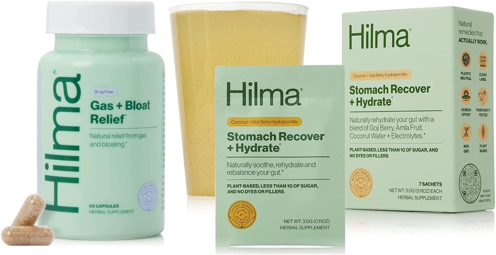 Hilma Natural Gas & Bloating Relief і Stomach Recover + Hydrate - Органічний електролітний порошок з пребіотики і Gastroprotective трави Bundle