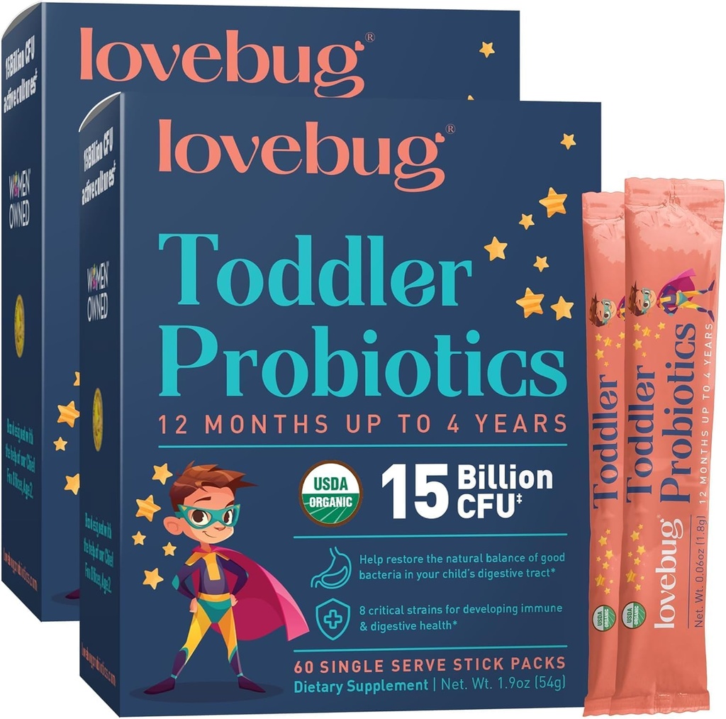 LOVEBUG Kinder Probiotisches Pulver mit präbiotischer Faser - Kleinkind Immunität Support & Constipation Relief - USDA Organic Probiotics for Childrens Gut & Digestive Health (Ages 1-4) - 60 Pack (Unfavoured)