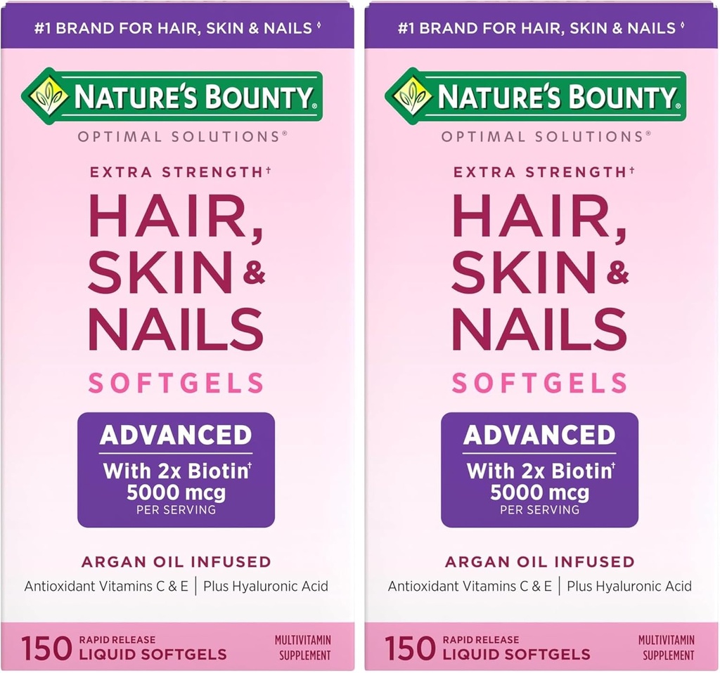Nature's Bounty Advanced Hair, Skin & Nails, Biotin와 Hyaluronic 산을 가진 Argan 주입된 비타민 보충교재, 150 급속한 방출 Softgels (포장 2)