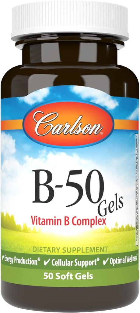 Carlson - B-50 Gels, Vitamine B Complex, Energieproductie, Cellular Support & Optimale Wellness, 50 Softgels