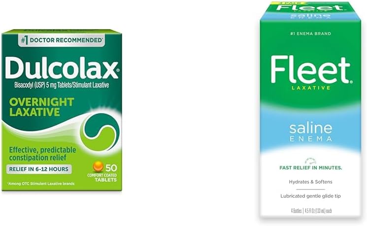 Dulcolax Overnight Relief Laxative 50 Count & Fleet Saline Enema Adult Constipation Relief 4 botila