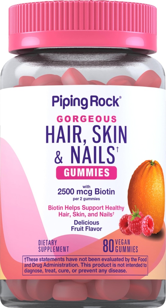 Piping Rock Hair Skin and Nails Vitamins | 80 Gummies | 2500 mcg of Biotin | Multivitamin for Women and Men | Supplement with Vitamin C and E | Fruit Flavor | Vegan, Non-GMO, Gluten Free