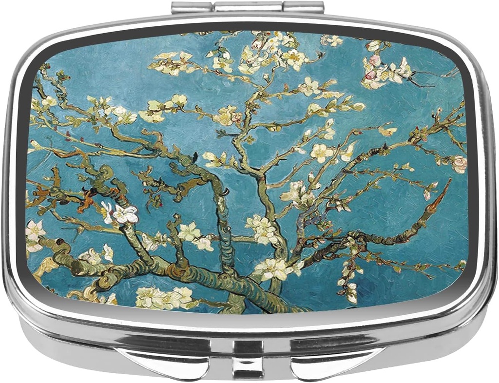 Dynippy Pill Case Pill Box so Zrkadlom Retro Pocket 2 Oddelenie Medicine Prípad Vitamín Pill Organizátor pre vreckové Purse a cestovanie (Silver-Almond Blossom)