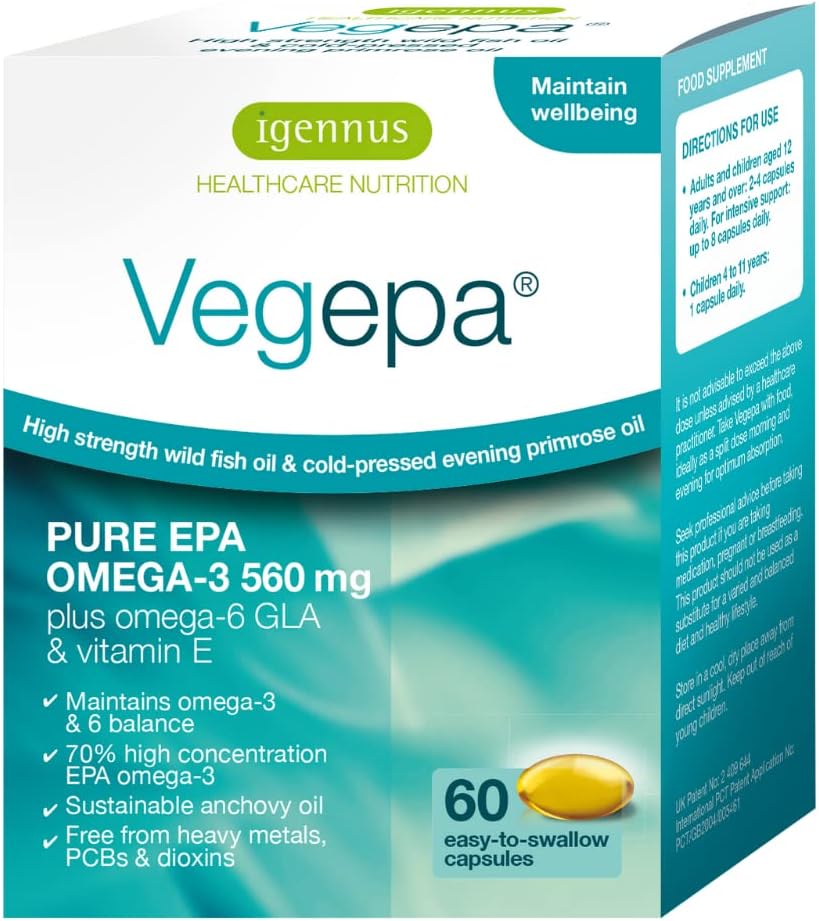 Igennus Vegepa Omega 3 Wild Fish Oil & Evening Primrose Oil Mix, 560 mg EPA Plus GLA, 60 Kiçik Softgels