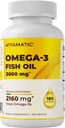 Vitamatic Triple Strength Omega 3 Fish Oil 3600mg Per Serving, 2160mg Omega 3 Fatty Acids, 1296mg EPA + 864mg DHA, Burless Lemon Flavor, 180 Softgels