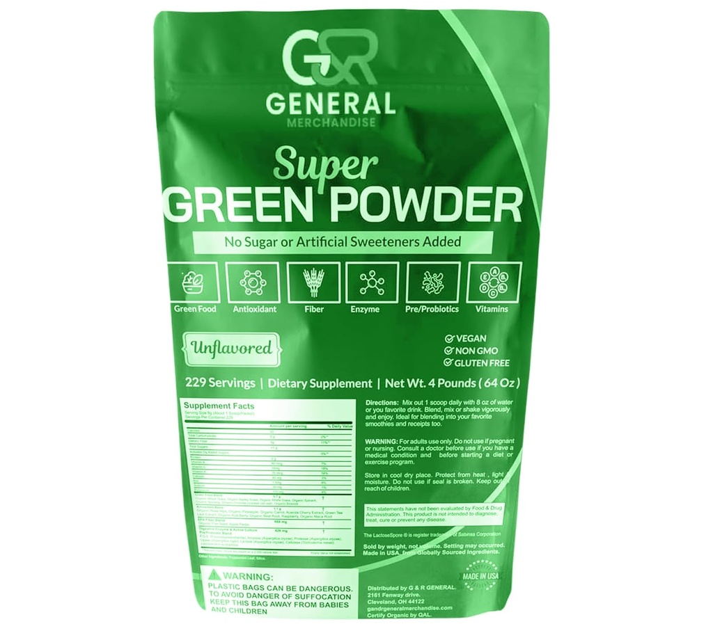 Super Greens Powder Superfood Organic, 229 Servisen Verdauungsenzyme, Probiotika & Vitamine Gemüse (Wheatgrass, Spirulina & mehr), Früchte, 4 Pfund(64oz).
