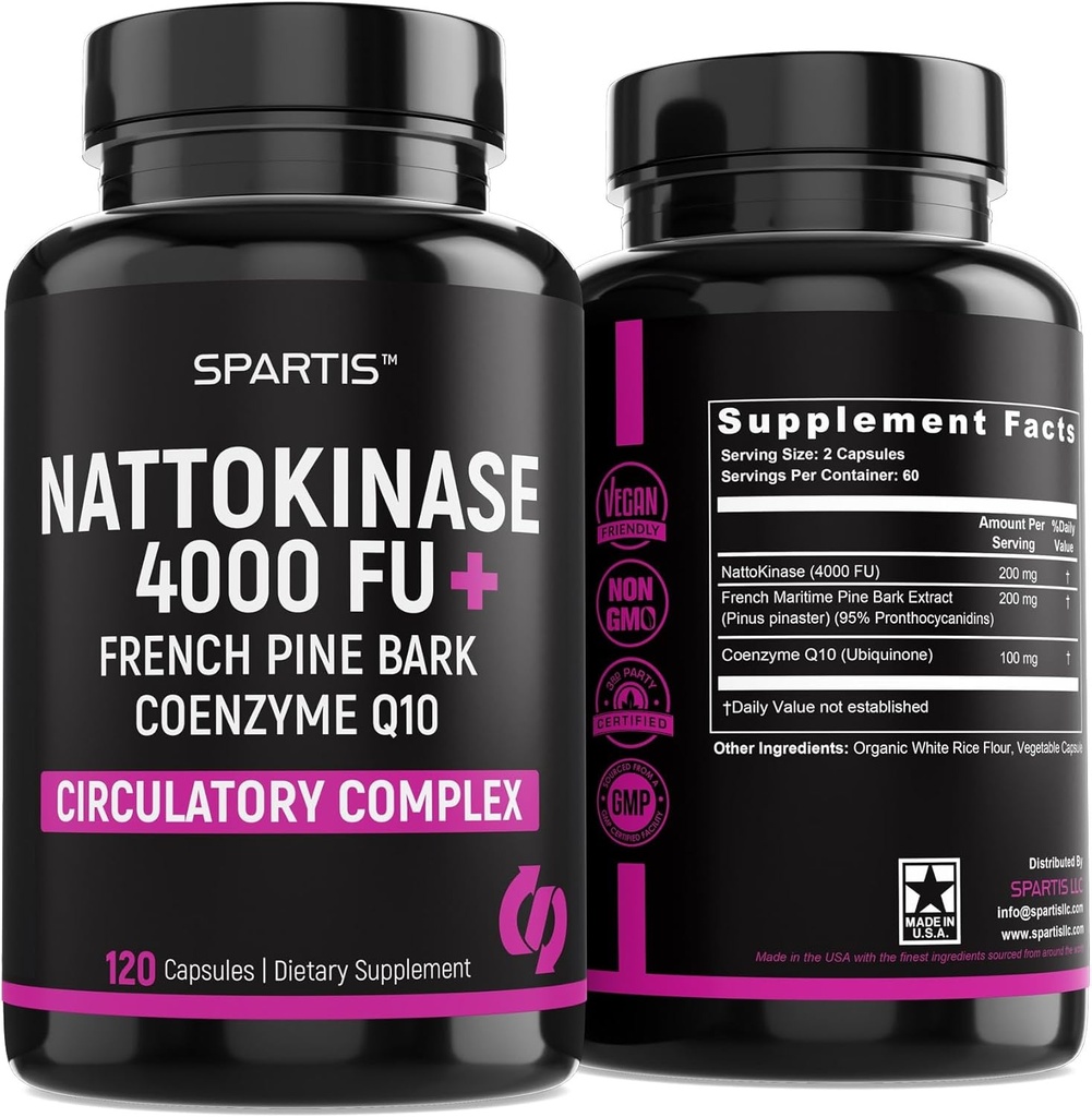 Nattokinaasi Supplement 4000 FU CoQ10 100 mg Ranskan Maritime Pine Bark Extract 200 mg Entsyymit Circulatory & Cardiovascular Support (Pack 1 klo 120-Caps)