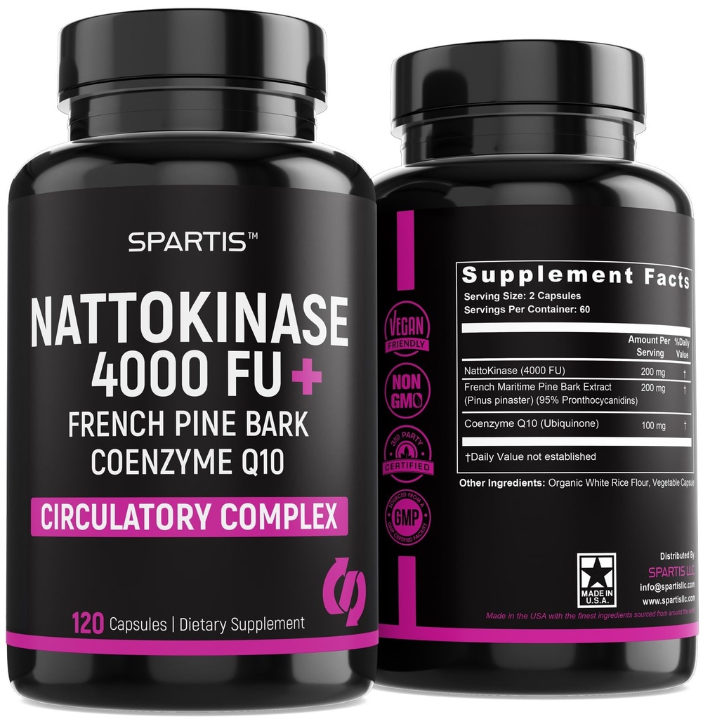 SPARTIS Nattokinase Supplement 4000 FU CoQ10 100mg French Maritime Pine Bark Extract 200mg with Enzymes for Circulatory & Cardiovascular Support (Pack of 1 at 120-Caps)