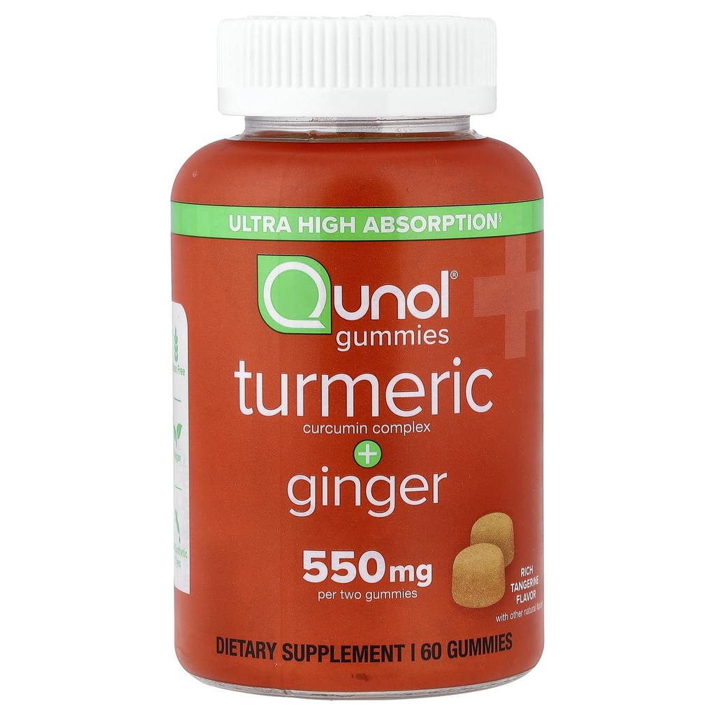 Qunol Turmeric and Ginger Gummies, Turmeric Curcumin Supplement + Ginger, Joint Support Gummy, Ultra High Absorption, Vegan, Gluten Free, 1 Month Supply, 60ct Gummies