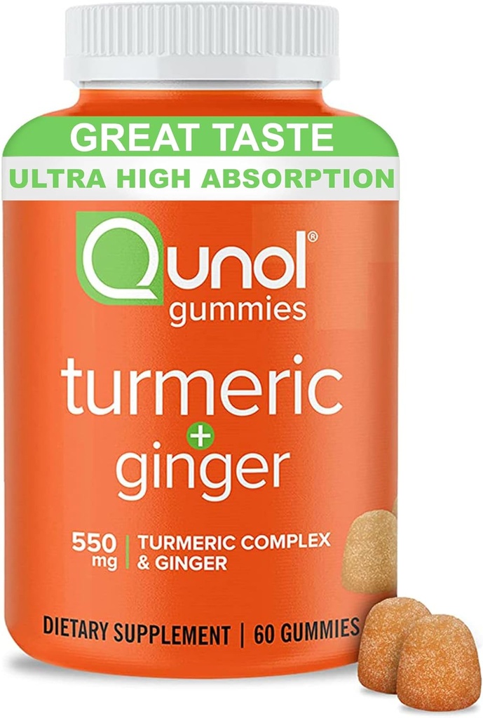 Qunol Turmeric i Gummies Gummy z 500mg Turmeric + 50mg Ginger, Joint Supplement, Ultra High Absorption Tumeric i Ginger, Wegan, Gluten Free, 1 Miesiąc dostaw 60ct Gummies