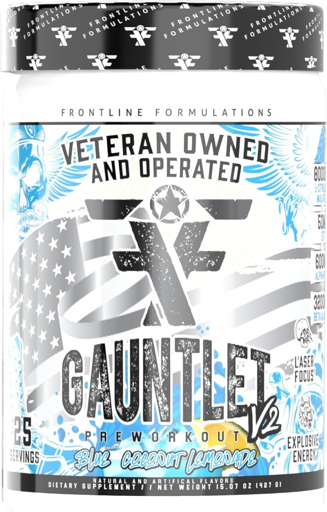 Gauntlet Pre- Workout Powder, Explosive Workouts, Laser Focus, Mid Stim, Amazing Flavor, Veterán vlastněn a provozován (25 Servings, Blue Cococonut Lemonade)