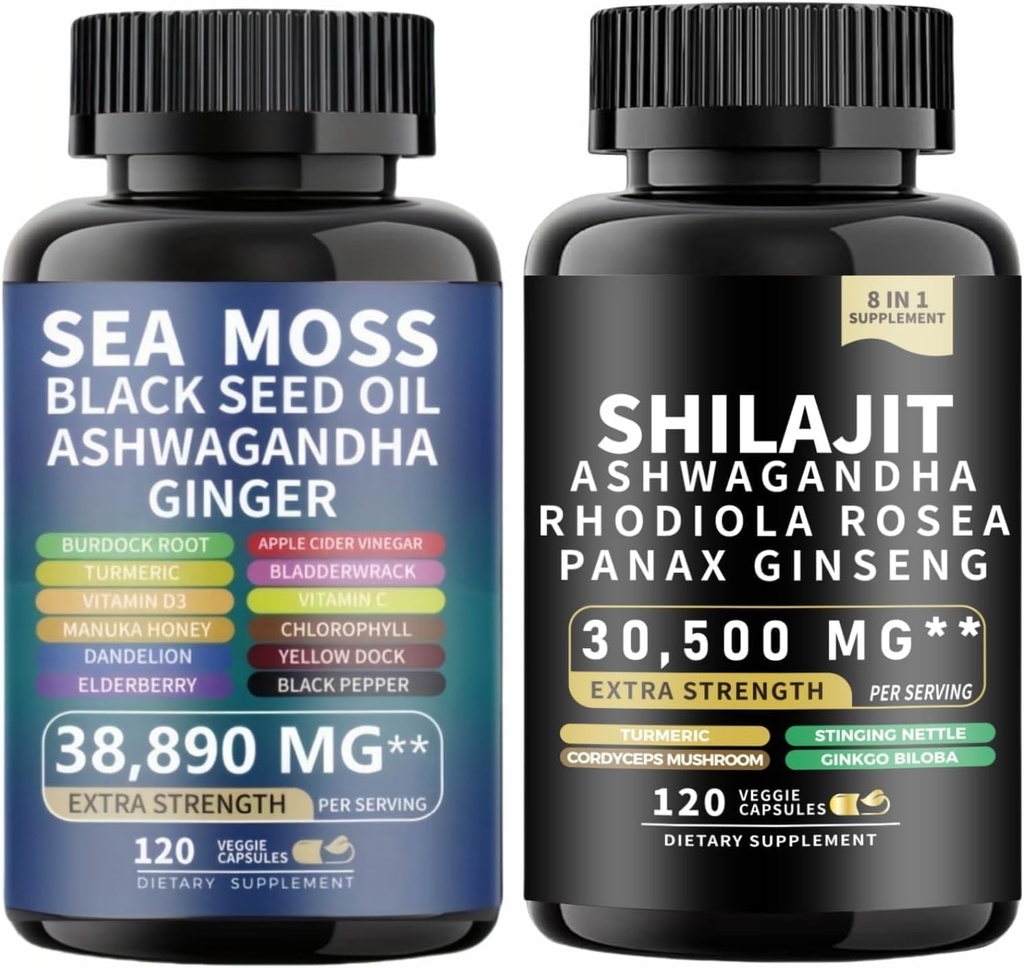 Sea Moss and shilajit Sea Moss Black Seed Oil Ashwagandha Ginger&shilajit rhodiola rosea panax Ginseng (120 Count (Pack of 2))