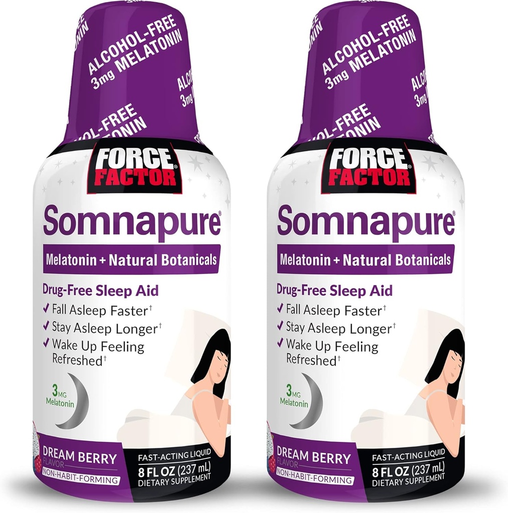 FORCE FACTOR Somnapure, 2-Pack, 给梅拉图宁, Valerian Root, & Lemon Balm, 液体补充剂以更快的睡眠, 保持睡眠长点, & Wake Up 刷新, 16oz, 48 服务