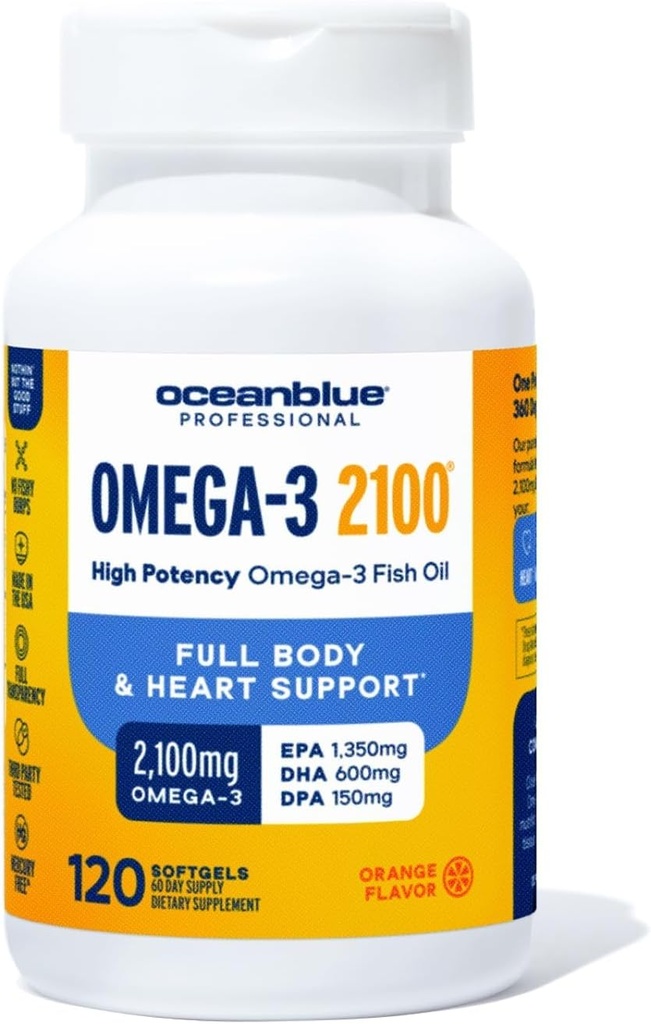 Oceanblue Professional Omega-3 2100-120 ct - High-Potency Triple Strength Breast Fish Oil z EPA, DHA & DPA - Wild Caught - Orange Flavor, 60 Servings