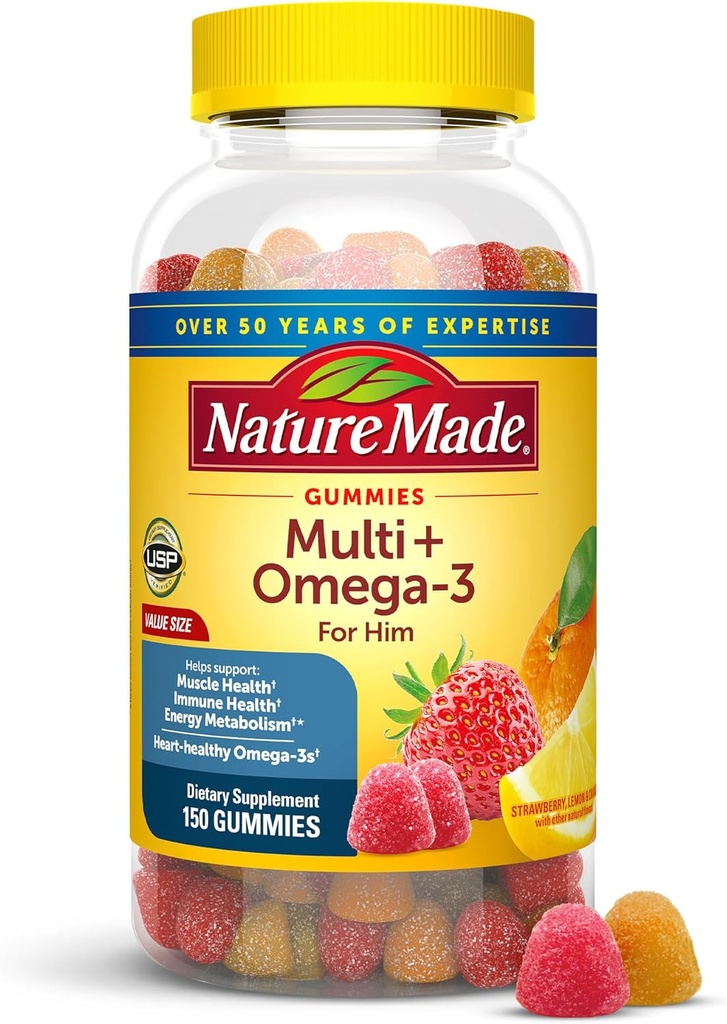 Luonto valmistettu Miesten Multivitamiini Gummy Omega-3, Miesten Gummy Multivitamiinit päivä ravitsemus tukea, 150 Gummy vitamiinit ja mineraalit, 75 päivän tarjonta