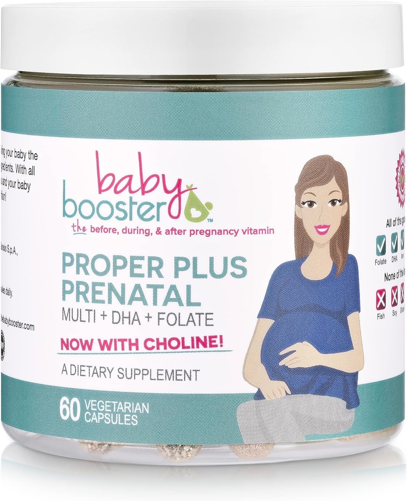 Baby Booster Proper Plus Prenatal Вітаміни з Вегасом DHA + Метил Фолат + Choline + Multi (60 капсули) Відмінно для вагітності, ранок Sickness і лактація