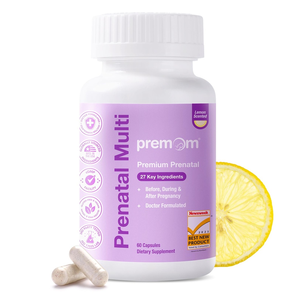 Premom Prenatal Vitamins for Women, 27-in-1 Womens Prenatal Multivitamin & Mineral Supplement, Pregnancy Essentials, 680mcg 5-MTHF Methylfolate, 225mg Choline, & Iron, 60 Veggie Capsules, Lemon Scent