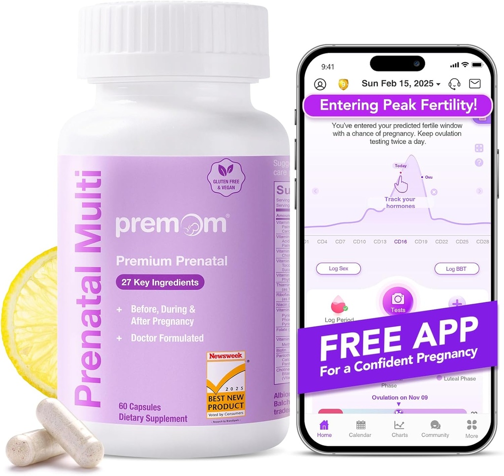 Premom Prenattaminacions prenatals per a Dones - Consocicions per a la seva multivitamin: 27 Nutrients, inclouen 680mmg Metg Metlaten + Choline + Iron, Traceable Ingredient, Fertility suplementaris per a Dones - 30 Dayy