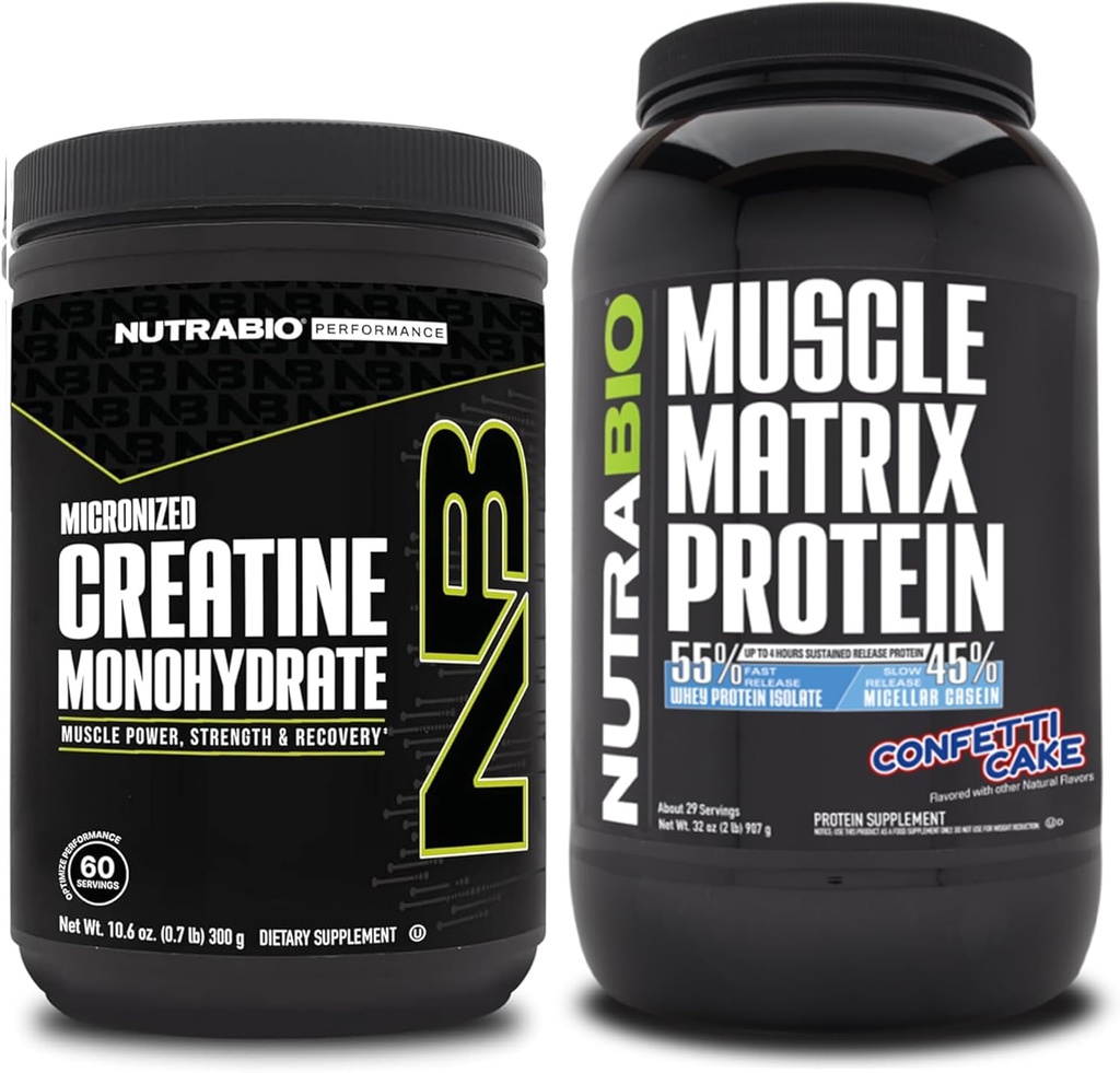 NutraBio Creatine Monohydrate, Unflavored, (300 g) och Muscle Matrix Protein Powder (Confetti Cake) Supplement Bundle - Muscle Energy, Maximal tillväxt, återhämtning och styrka