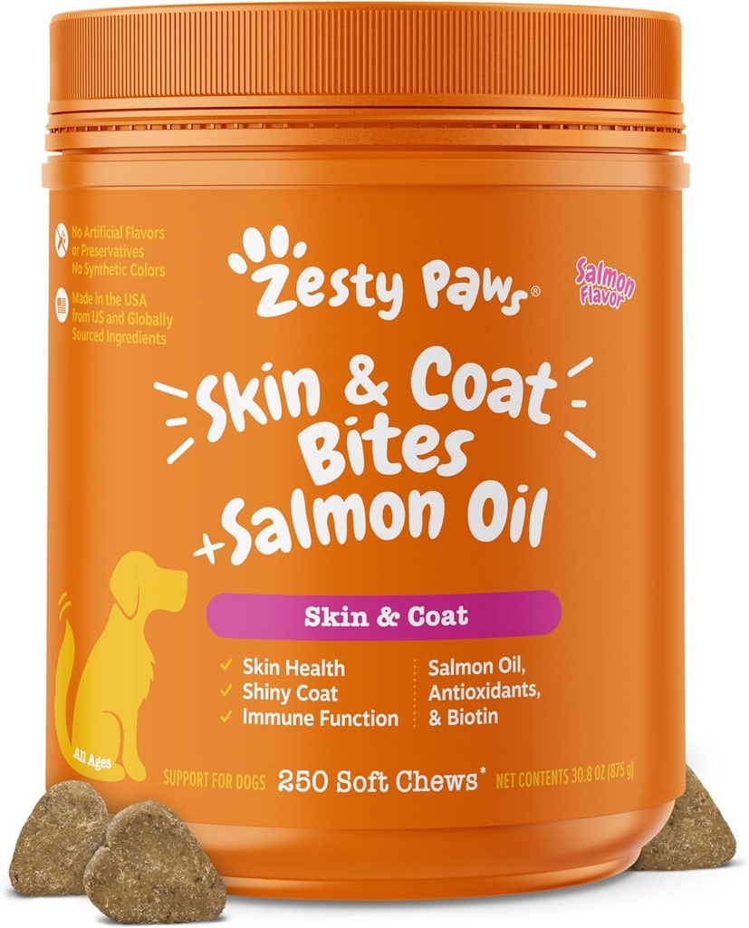 Sestty Paws Salmon Tails for foots and Coat, โอเมก้า 3 Fish Fish Washs, Allery Allery Chews, Itch Supplement, 250 เคานต์, Salmon Favor
