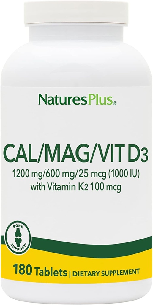 NaturesPlus Kalcis / Magnis / Vitaminas D3 su vitaminu K2 - Palaiko kaulų & Imuninė Sveikata - Vegetaras, Gluten Free - 180 Tablets - 45 Paslaugos