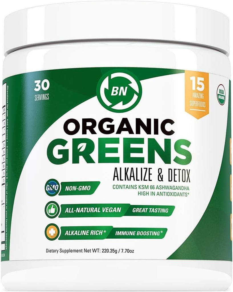 Organic Greens Powder - USDA Organic - Non-GMO - 15 Superfoods - Detox och Immune Health Benefits inklusive Spirulina, Matcha Green Tea och Ashwagandha - 30 portioner