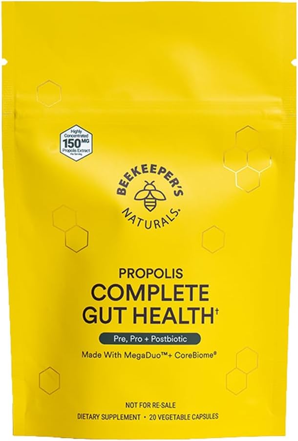 Apicultor Naturals Gut Saúde completa, 3-em-1 Prebiótico, Postbiótico, Probióticos para a saúde digestiva & Bloating alívio para mulheres e homens, Própolis Powered, Cápsulas Vegan sem glúten, 20ct