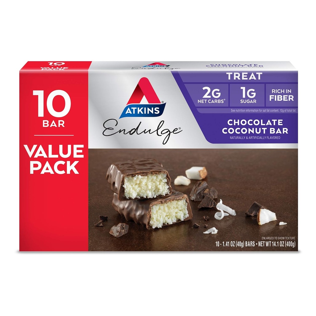 Atkins Endulge Chocolate Coconut Bar, Dessert Favorite, High in Fiber, 1g Sugar, 10 count