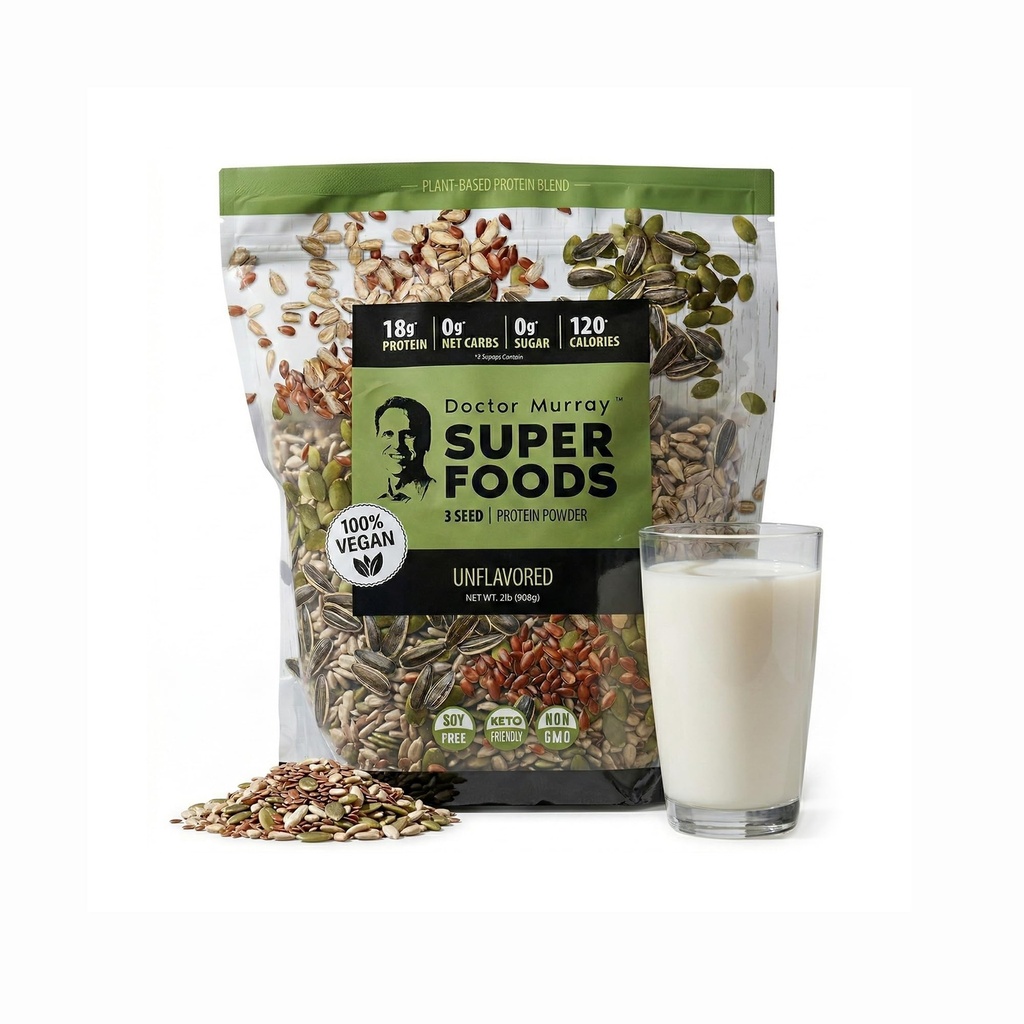 Dr. Murray's Super Foods 3 Seed Protein Powder - Pumpkin Flax Sunflower | Vegan Plant Protein | No Artificial Additives | GMP Certified | Unflavored, 2 lb.