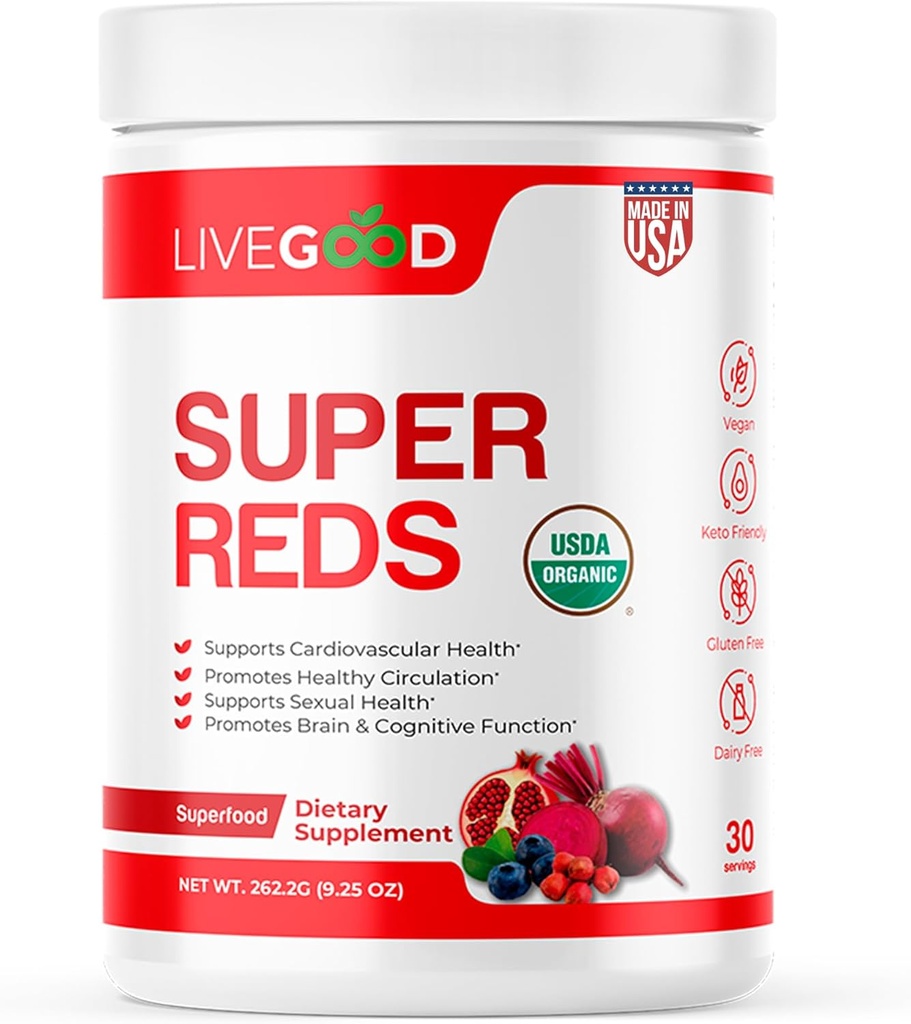 LIVEGOODTM Organic Super Reds z Alfalfa, Ječmen trava, Pesa koren, Pomegranit, Grozdno seme, Vegan, Gluten Free, 9.25 Oz