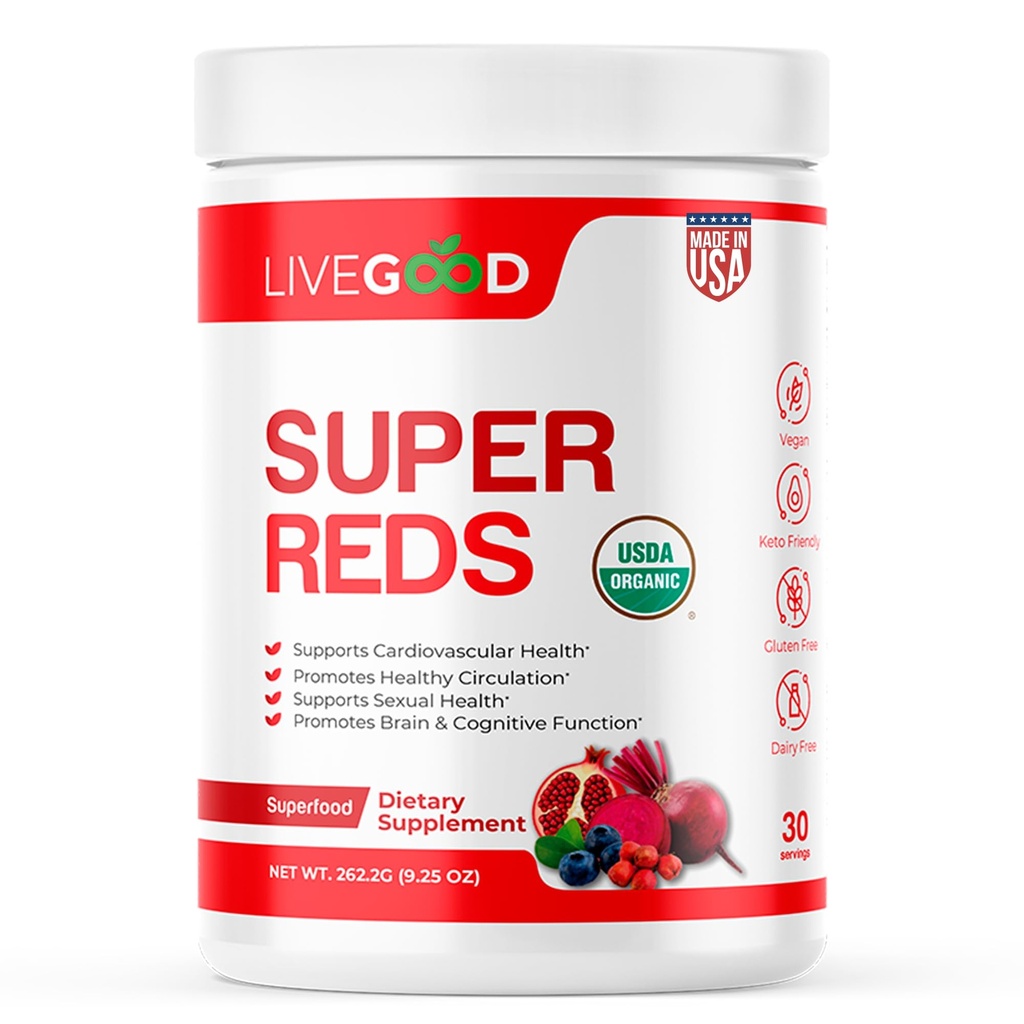LiveGood Super Reds Organic Superfood Powder with Beetroot and Organic Pomegranate Powder, Antioxidant Fruit Blend and Red Beets Supplements for Daily Energy (30 Servings)