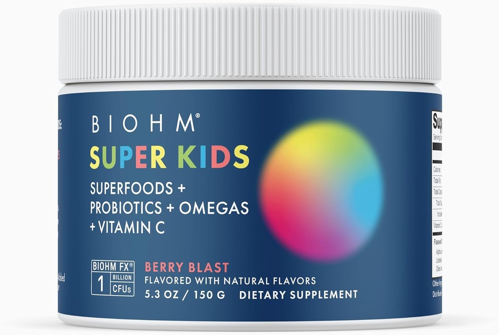 BIOHM Super Kids Superfood Powder Plus Probiotics, (5.3 Oz, 30 서빙) 맛있는 베리 폭발, 산화 방지제, 오메가 3 & 비타민 C, 비 GMO, 낙농장 무료, 인공 성분, 채식, 나이 4