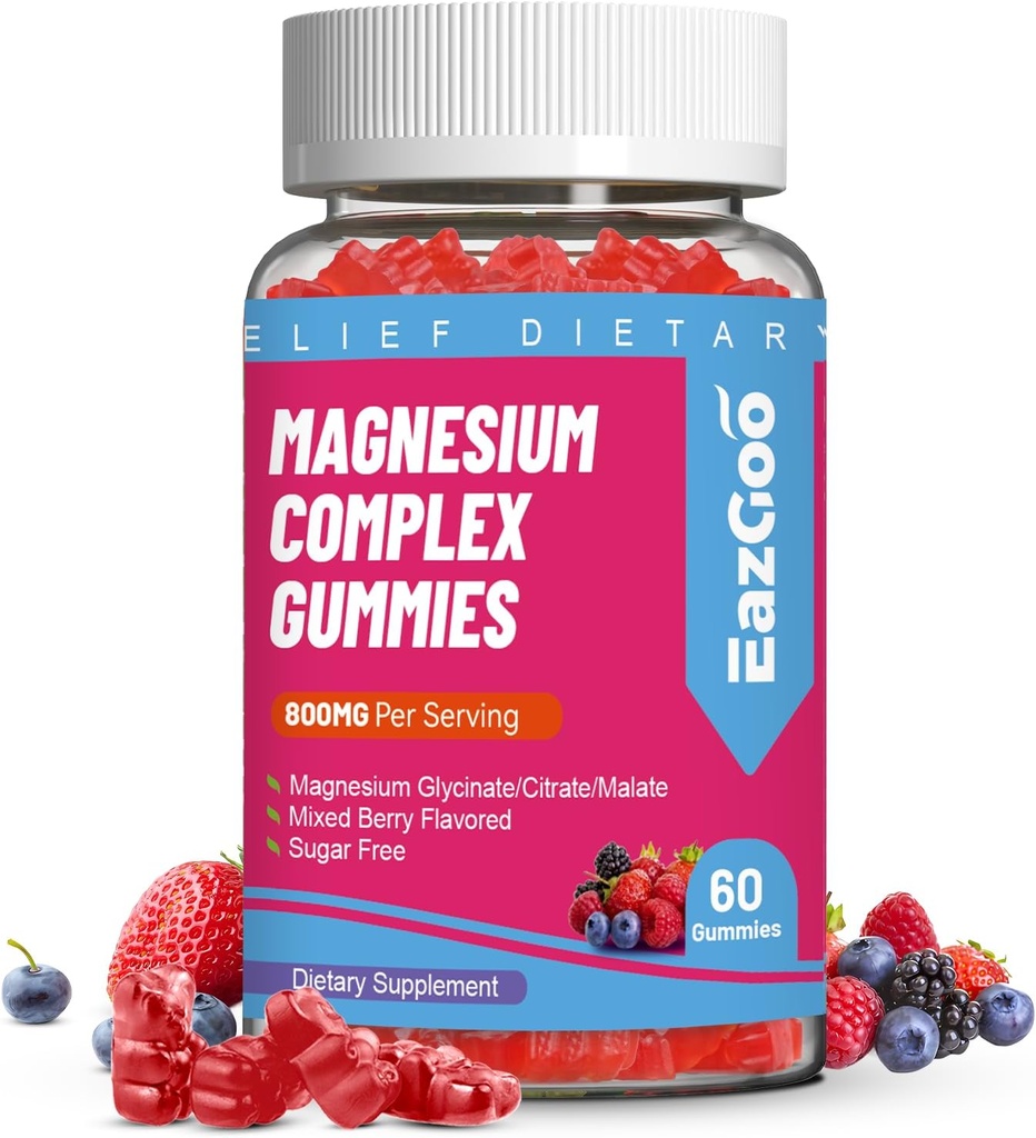 Magnesium Gummies 800mg - Vitamine D3, C, B6, B12 & Zink Complex met Magnesium Glycinate, Citrate & Malate, Magnesium Complex Gummies for Muscle, Mood & Energy, Vegan 60 Telt